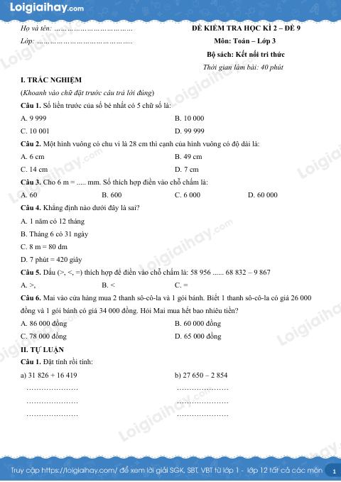 Đề kiểm tra học kì 2 Toán 3 Kết nối tri thức - Đề số 9